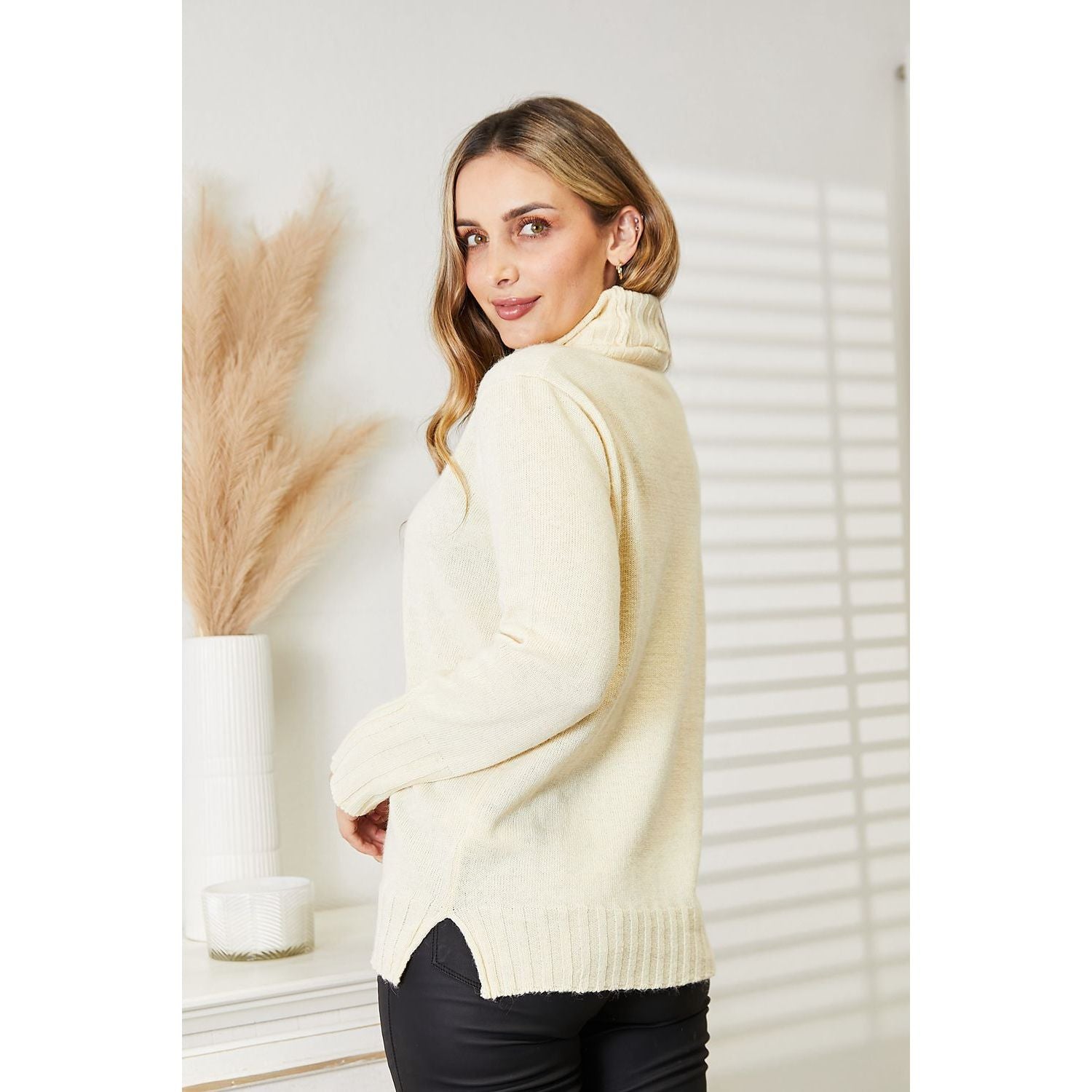 Heimish Full Size Long Sleeve Turtleneck Sweater with Side Slit - TiffanyzKlozet