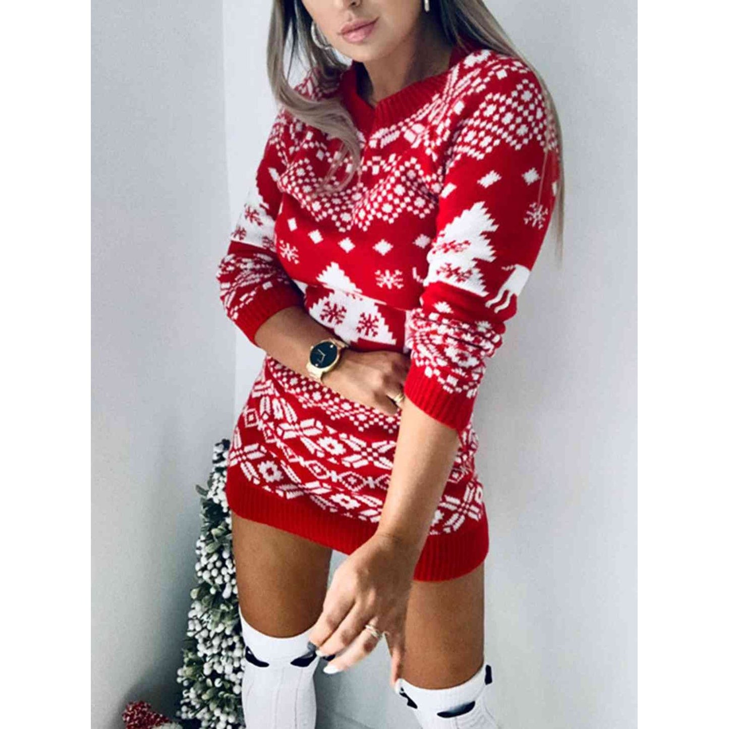 Christmas Element Round Neck Mini Sweater Dress - TiffanyzKlozet