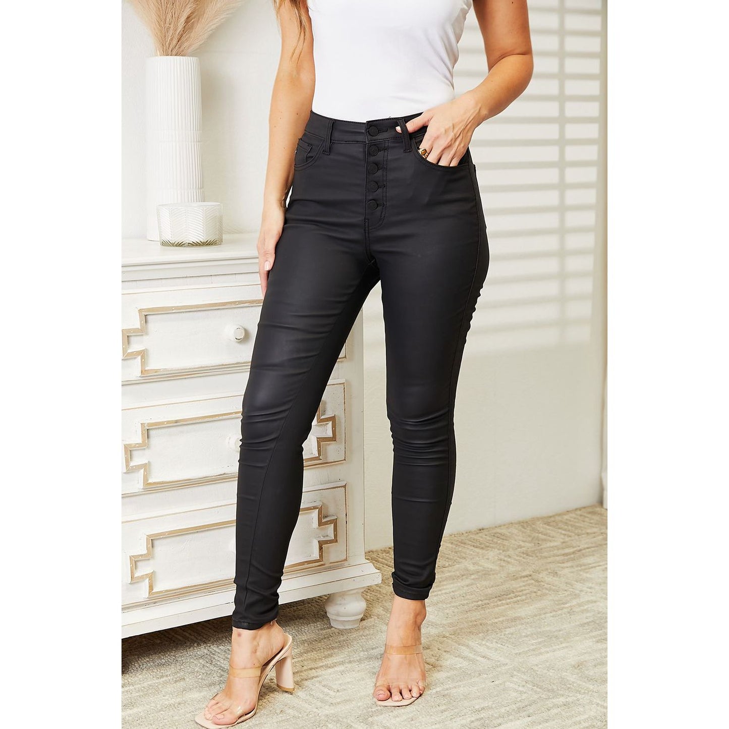 Kancan Full Size High Rise Black Coated Ankle Skinny Jeans - TiffanyzKlozet