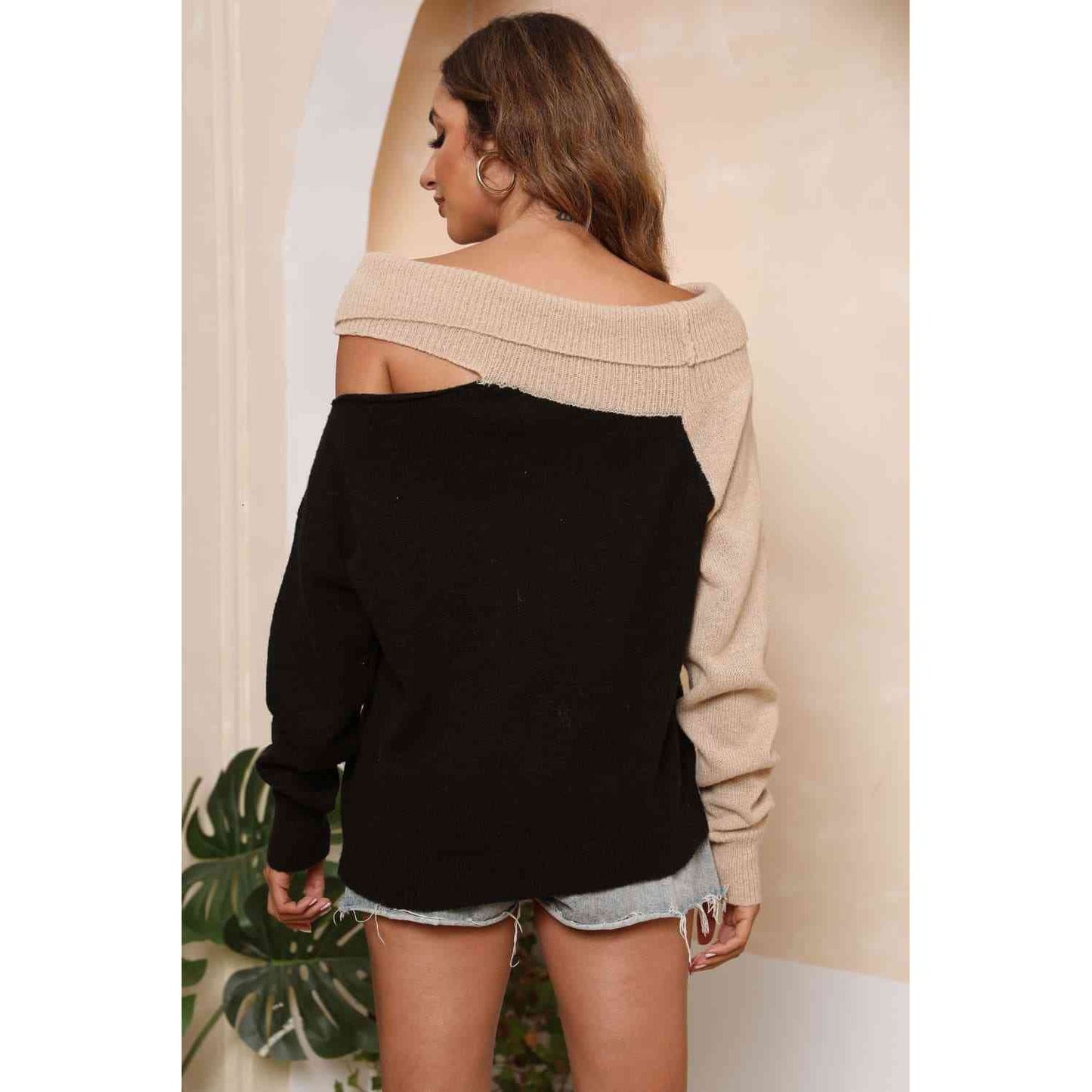 Asymmetrical Long Sleeve Two-Tone Cutout Sweater - TiffanyzKlozet
