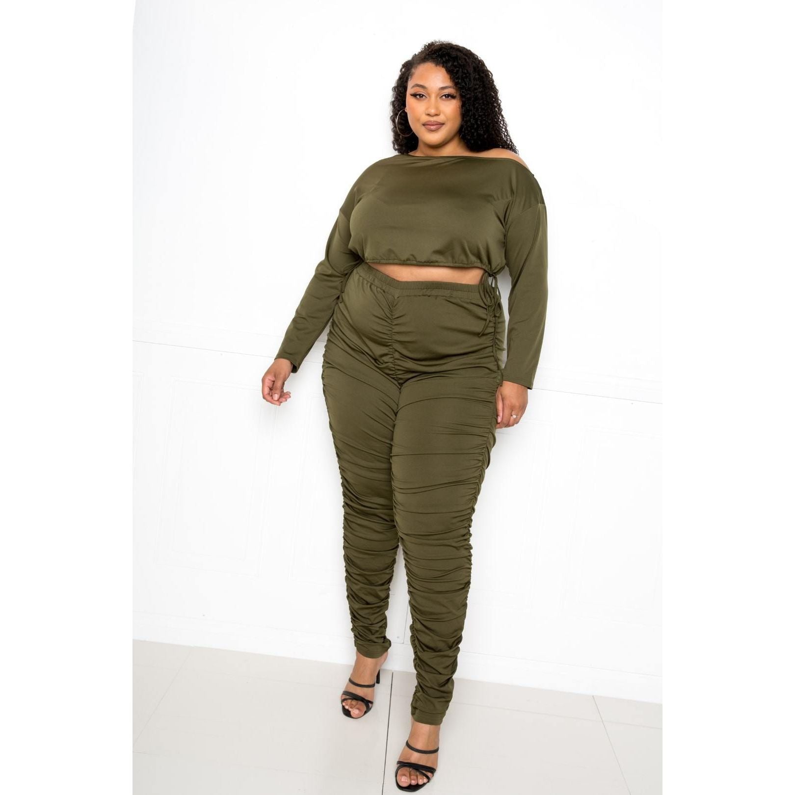 Off Shoulder Cropped Top And Ruched Leggings Sets - TiffanyzKlozet