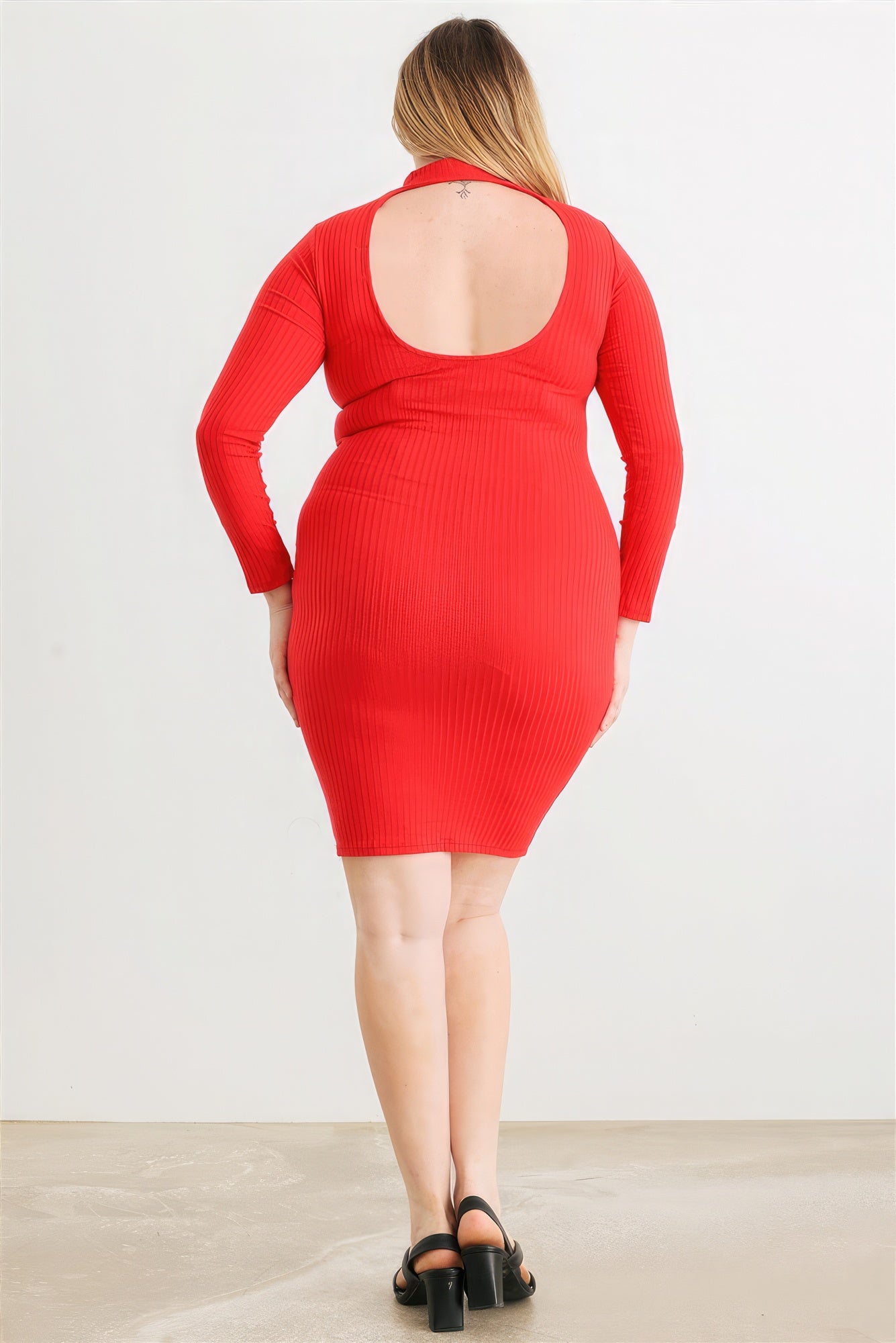 Plus Red Ribbed Long Sleeve Mock Neck Cut-out Back Midi Dress - TiffanyzKlozet