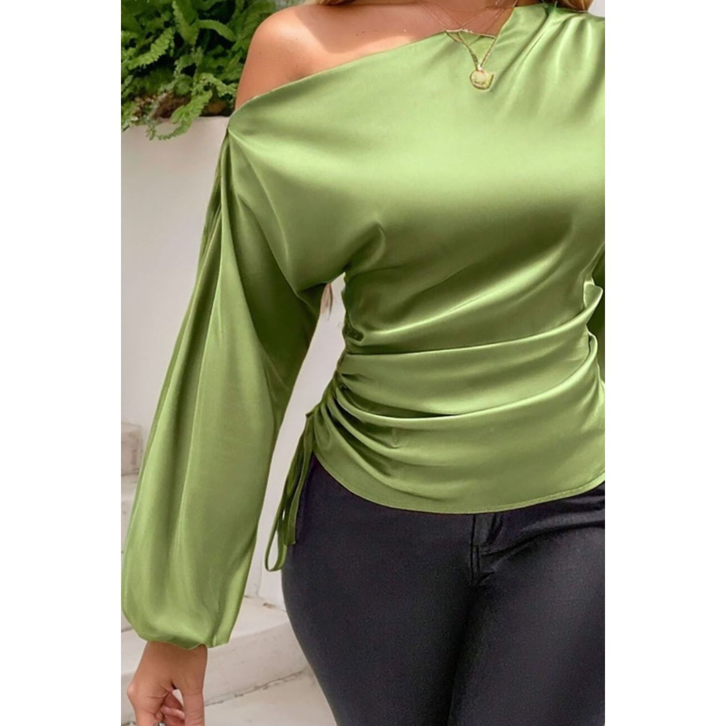 Drawstring One Shoulder Long Sleeve Blouse