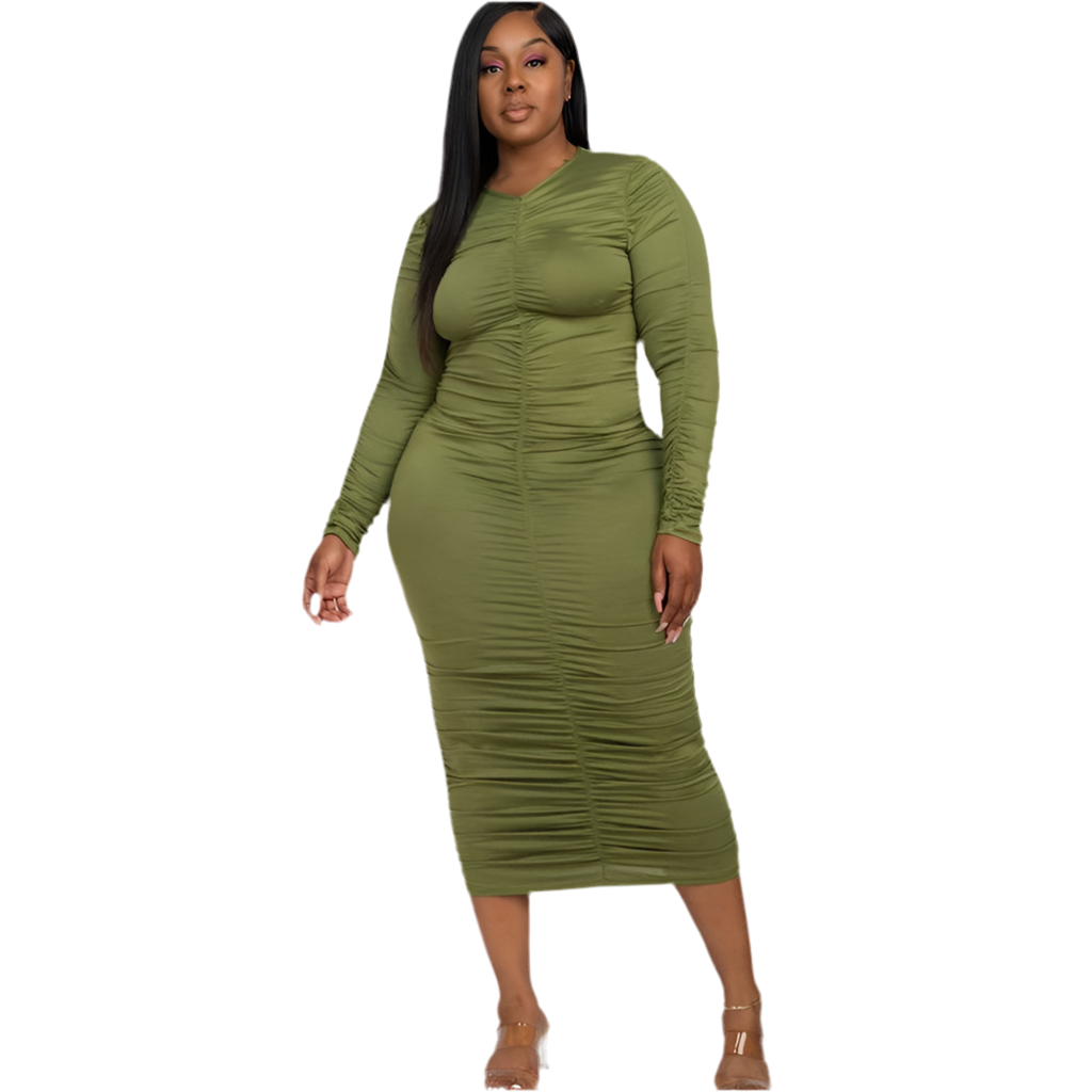 Ruched Long Sleeve Midi Dress