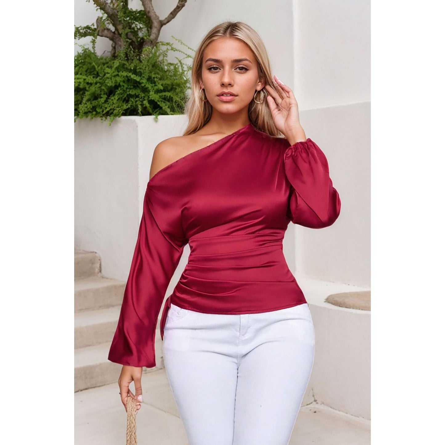 Drawstring One Shoulder Long Sleeve Blouse