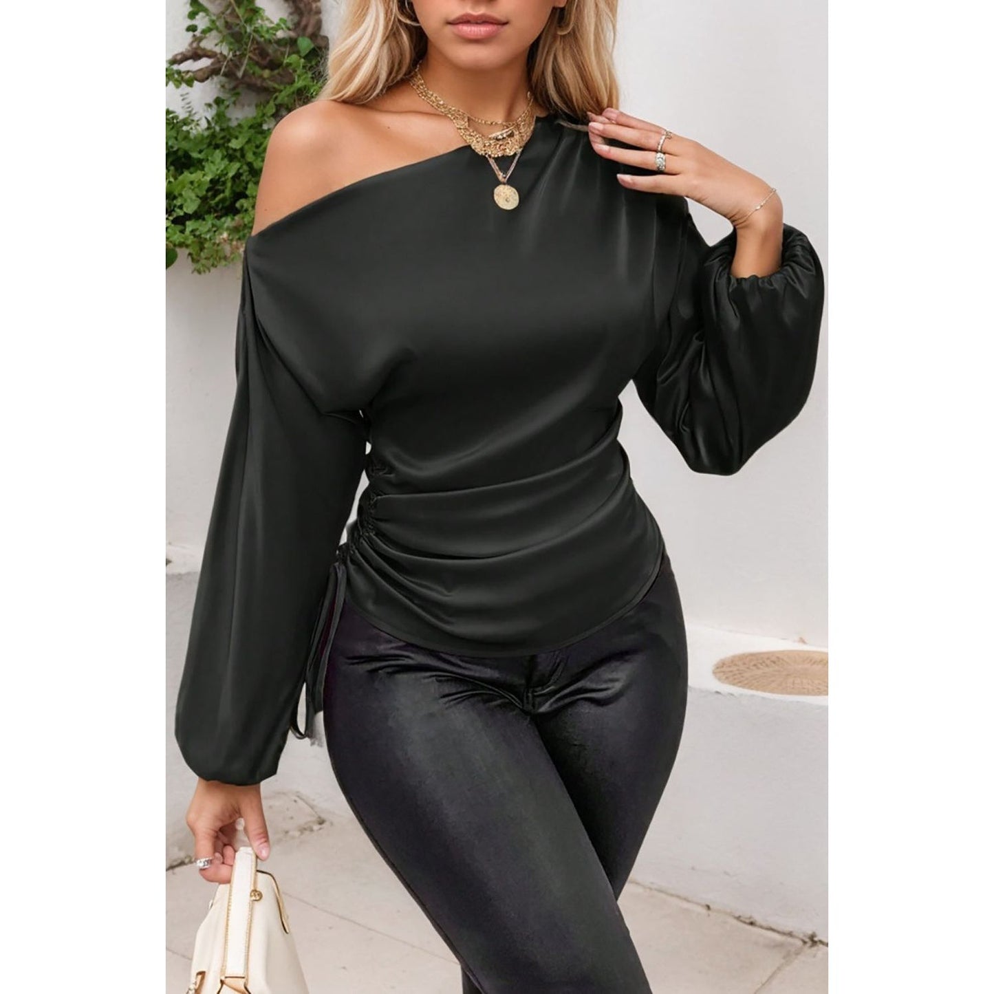 Drawstring One Shoulder Long Sleeve Blouse