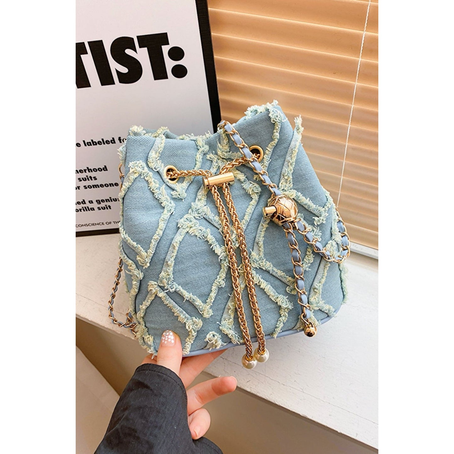 Chain Drawstring Raw Edge Denim Bucket Bag