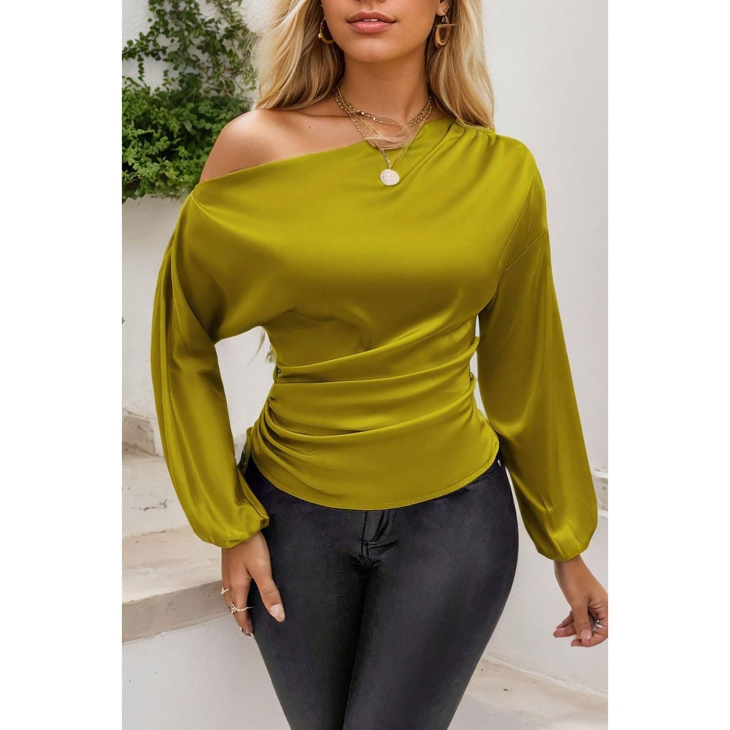 Drawstring One Shoulder Long Sleeve Blouse