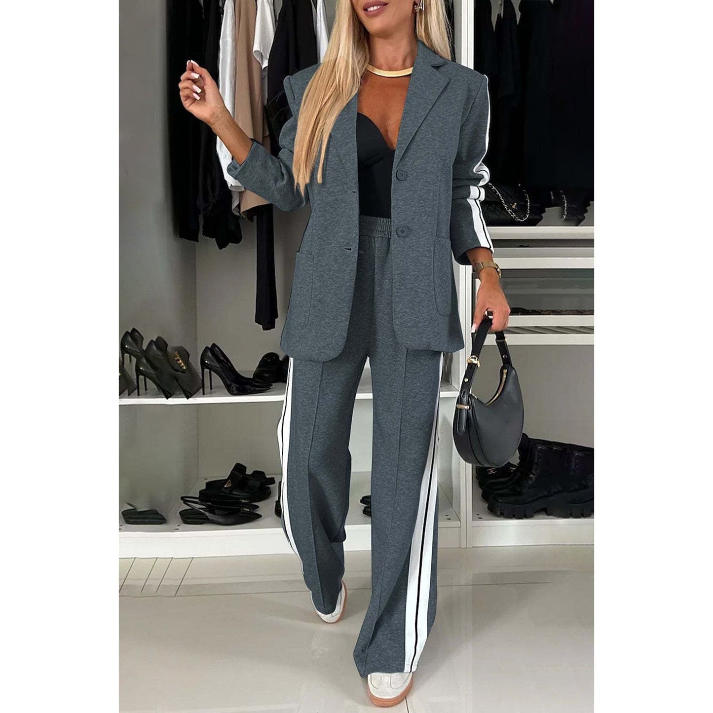 Full Size Contrast Lapel Collar Top and Pants Set