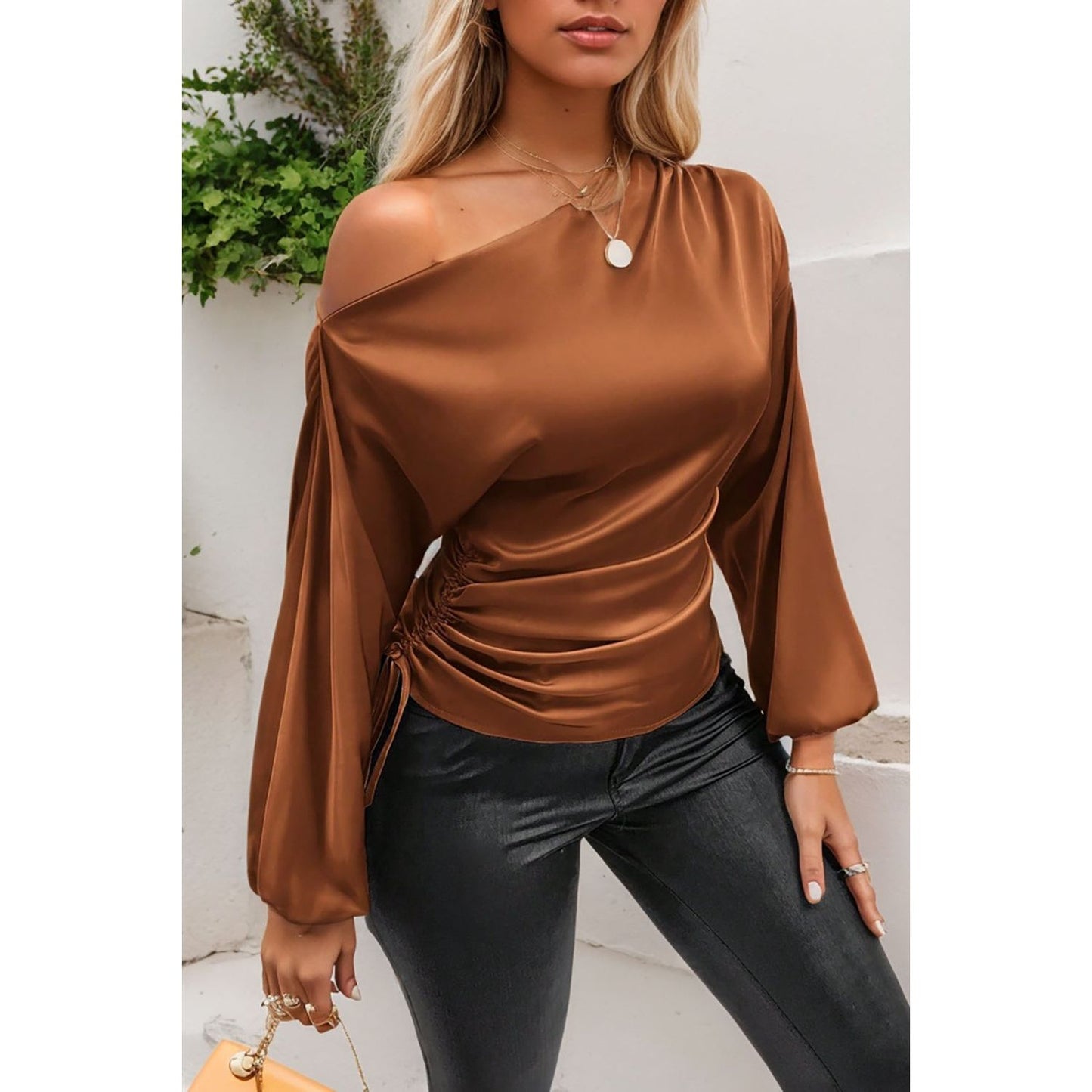 Drawstring One Shoulder Long Sleeve Blouse