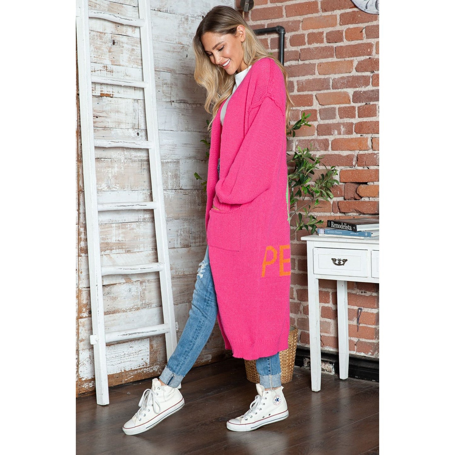 Letter Dropped Shoulder Long Sleeve Cardigan