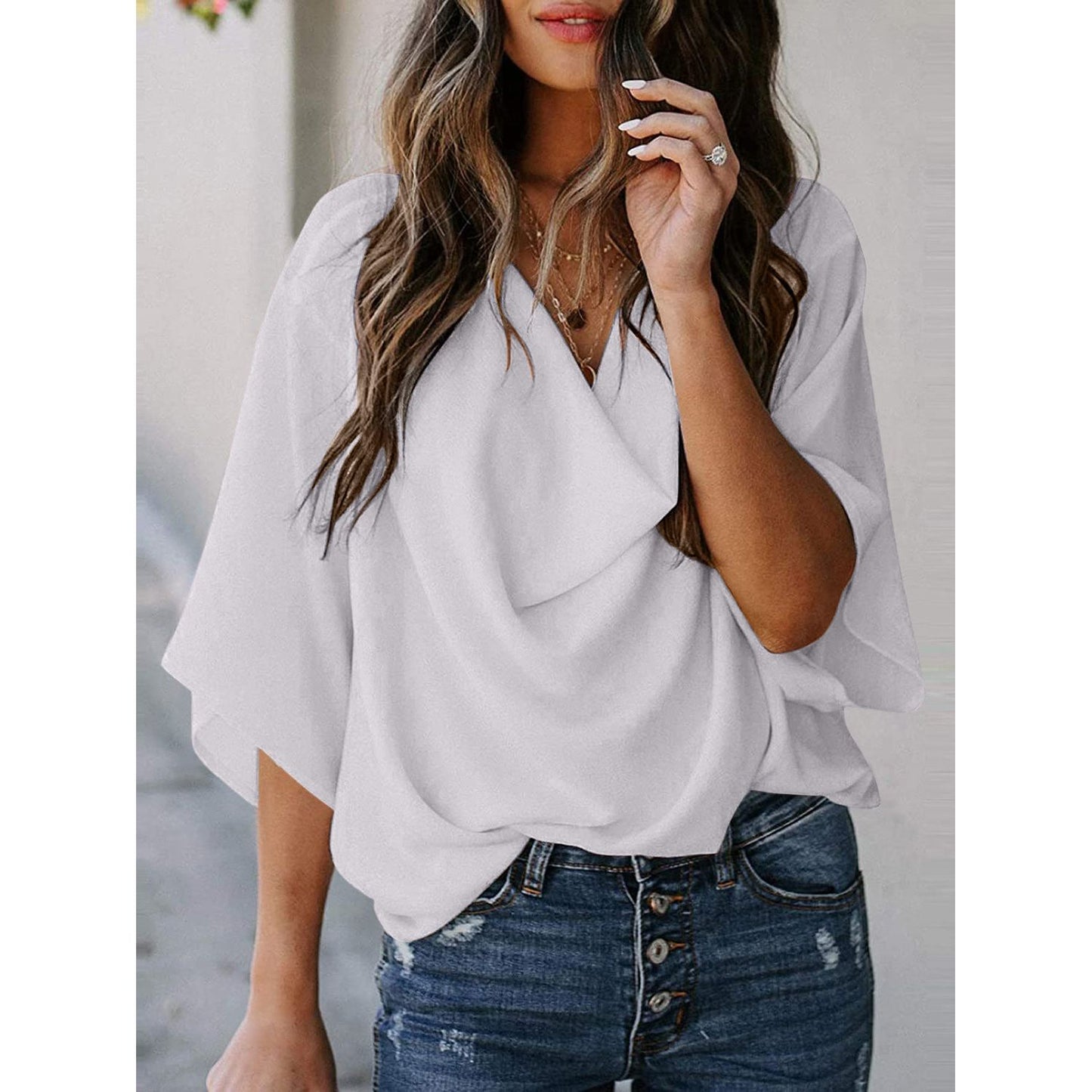 Full Size Cowl Neck Three-Quarter Sleeve Blouse - TiffanyzKlozet