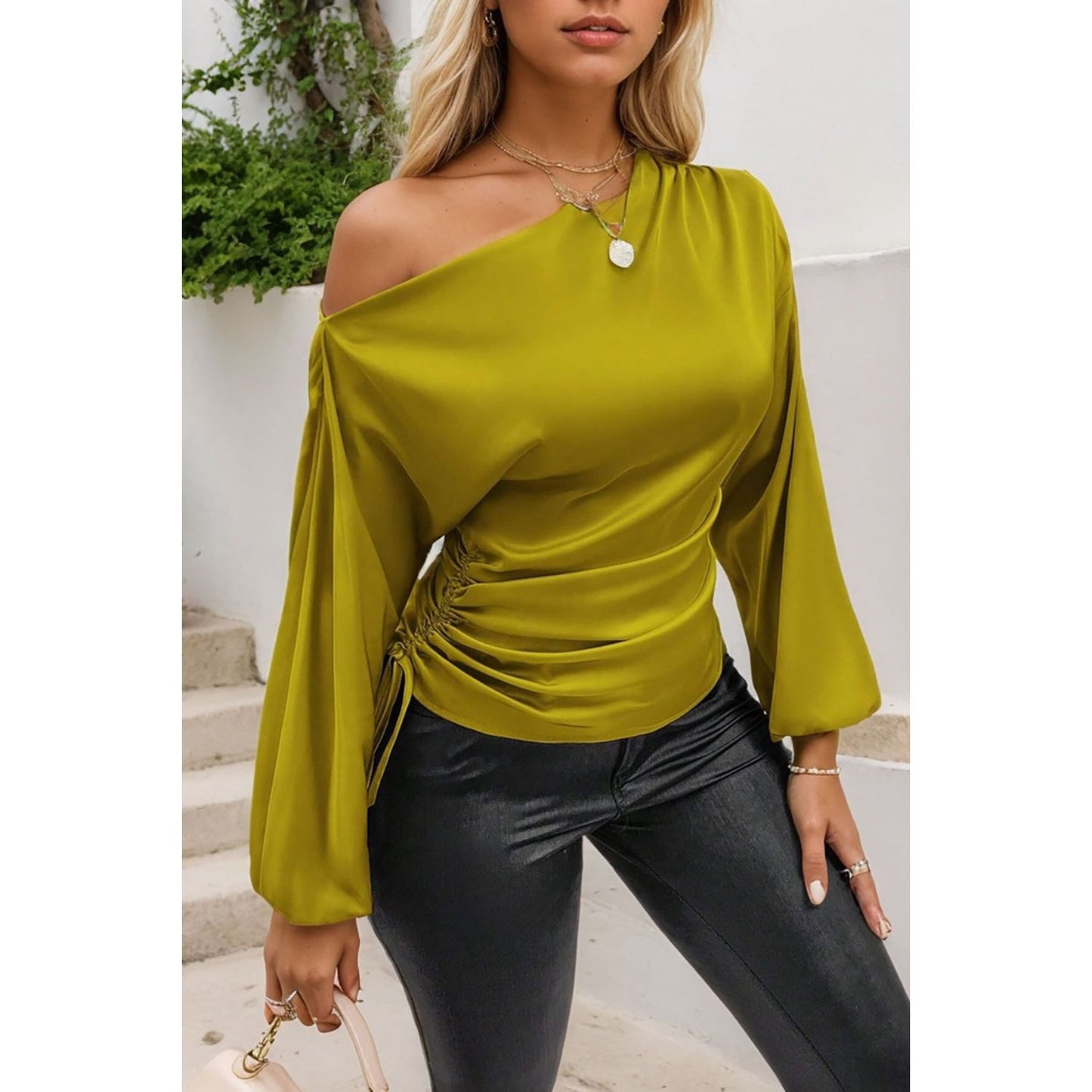 Drawstring One Shoulder Long Sleeve Blouse