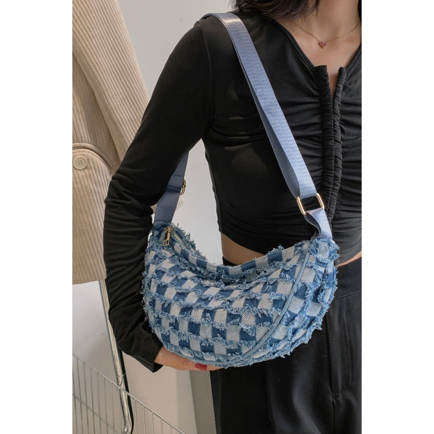 Raw Hem Checkered Denim Crossbody Bag