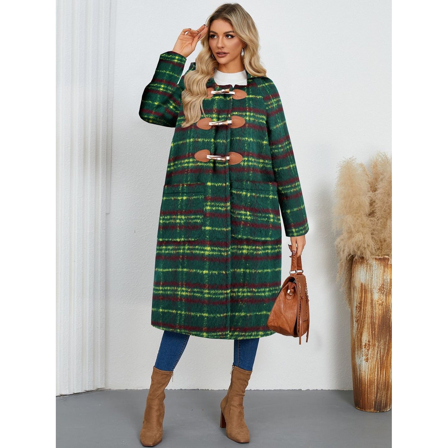 Plaid Long Sleeve Hooded Coat with Pockets