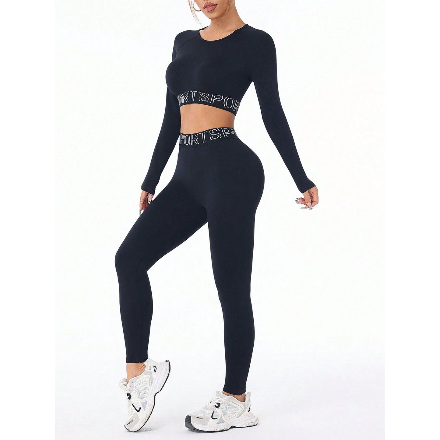 Letter Print Round Neck Long Sleeve Top and Leggings Active Set