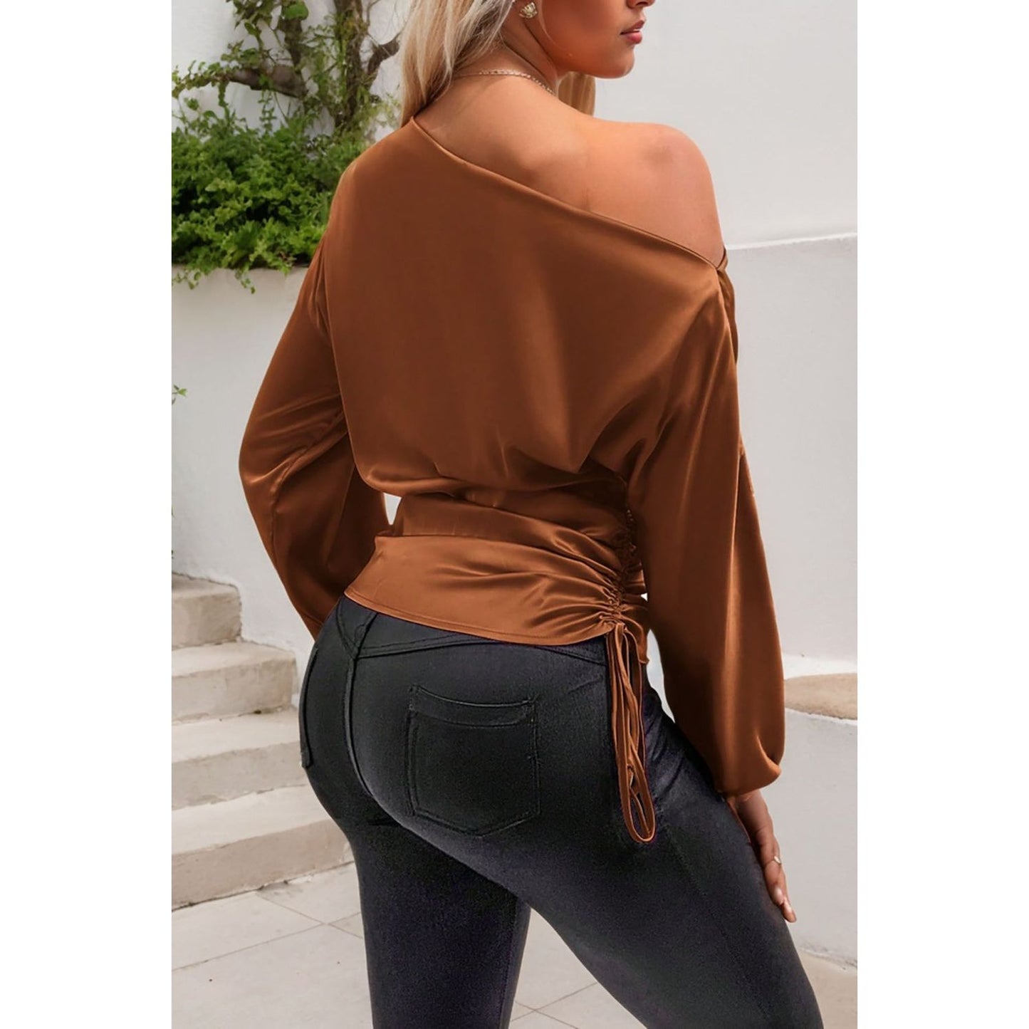 Drawstring One Shoulder Long Sleeve Blouse