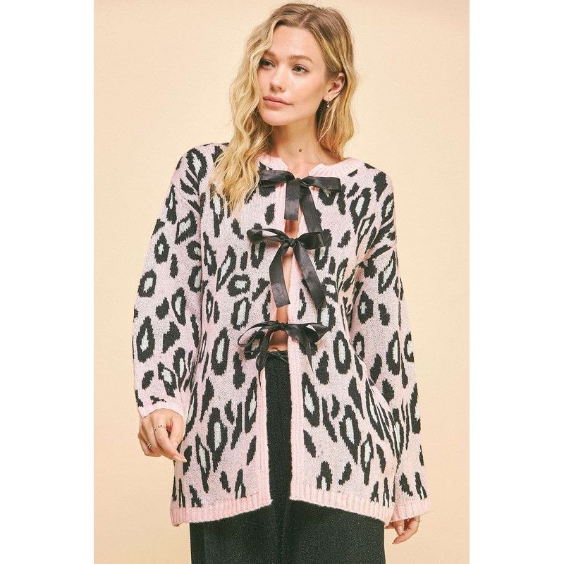 Davi & Dani Leopard Ribbon Tie Front Loose Fit Cardigan