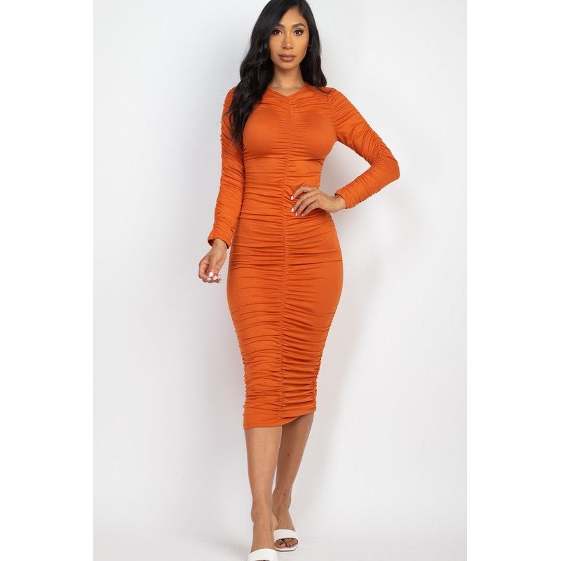 Ruched Long Sleeve Midi Dress