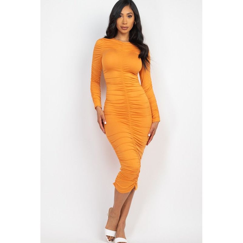 Ruched Long Sleeve Midi Dress