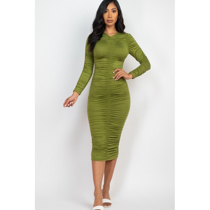 Ruched Long Sleeve Midi Dress