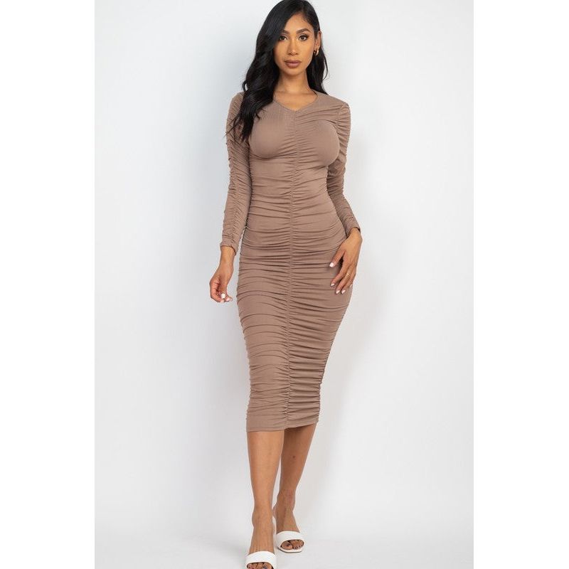 Ruched Long Sleeve Midi Dress