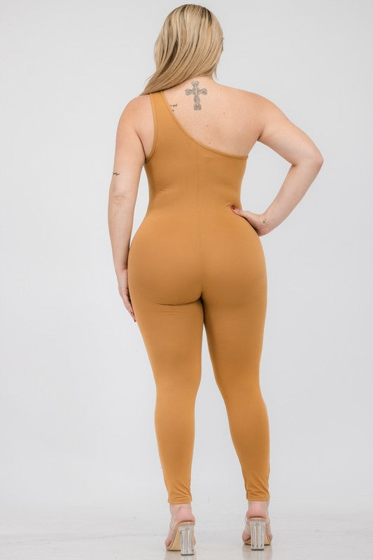 Plus Size Solid Color One Shoulder Jumpsuit - TiffanyzKlozet