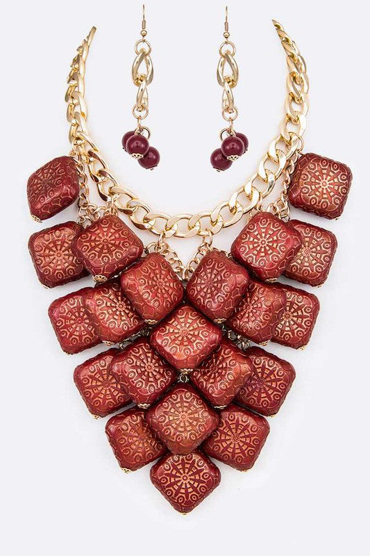 Textured Wooden Beads Statement Necklace Set - TiffanyzKlozet