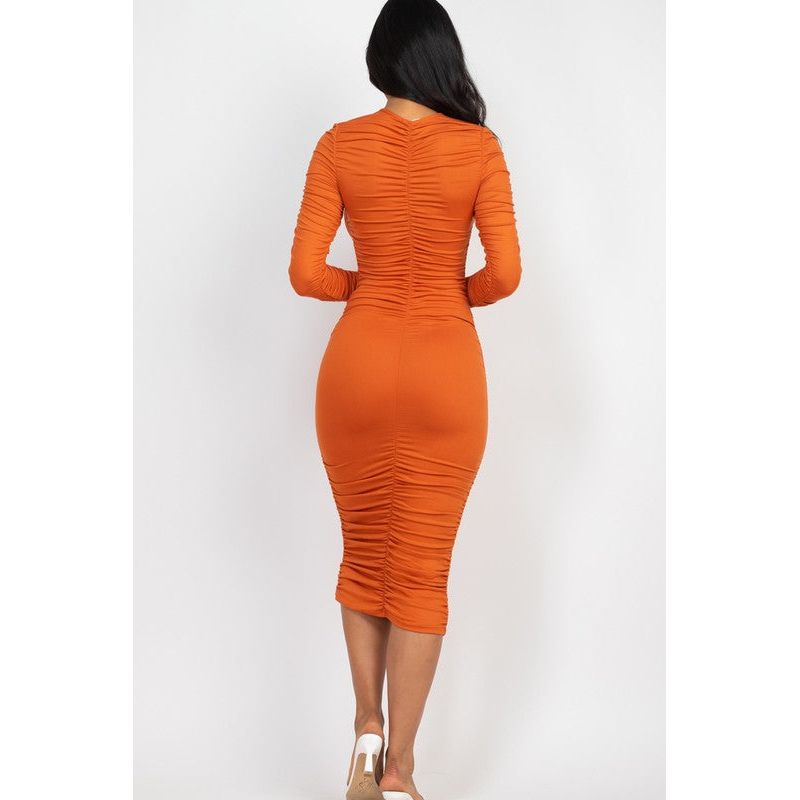 Ruched Long Sleeve Midi Dress