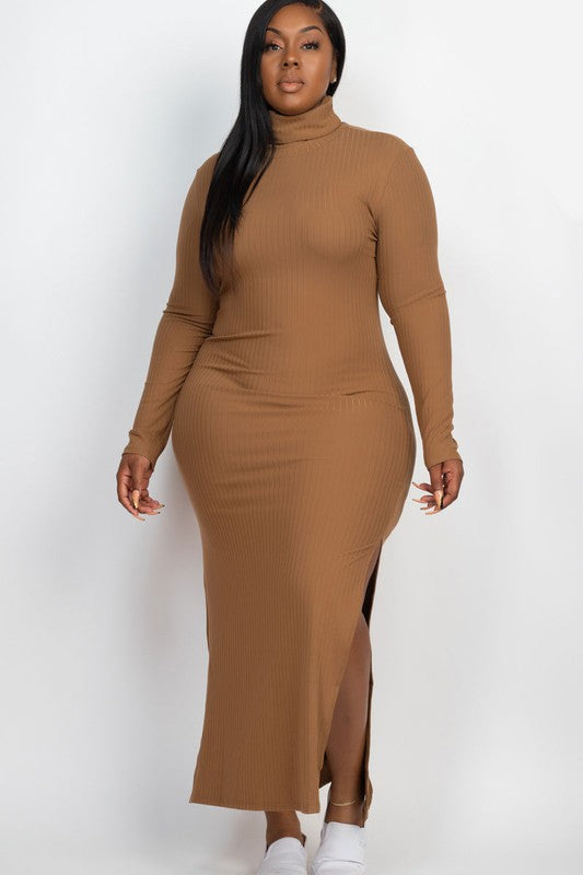 Plus Size Curvy Long Sleeve Side Slit Long Dress - TiffanyzKlozet
