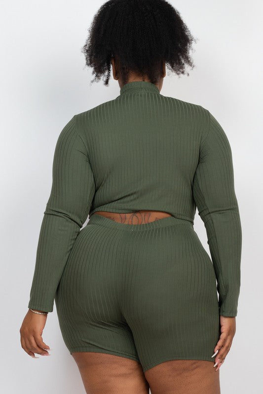 Plus Size Ribbed Mock Neck Crop Top & Shorts Set - TiffanyzKlozet