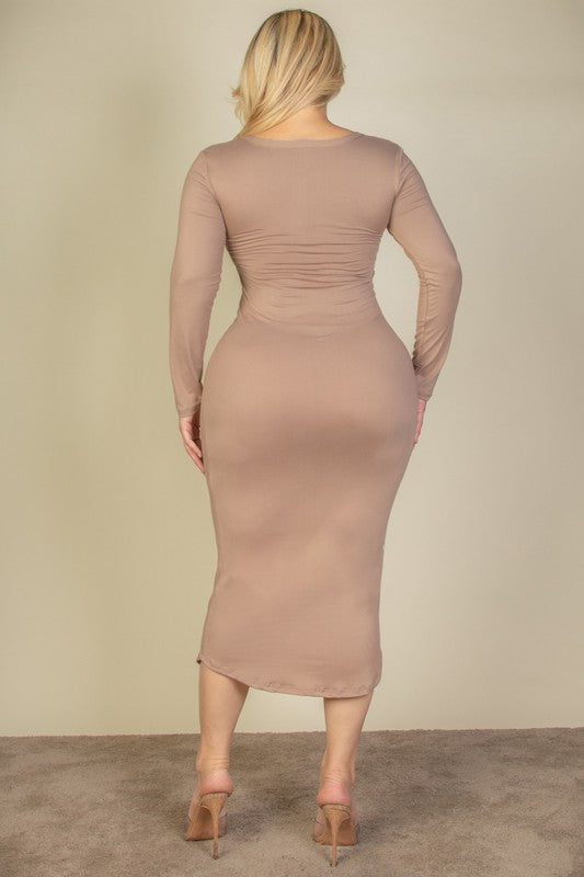 Plus Size Split Neck Long Sleeve Midi Dress - TiffanyzKlozet