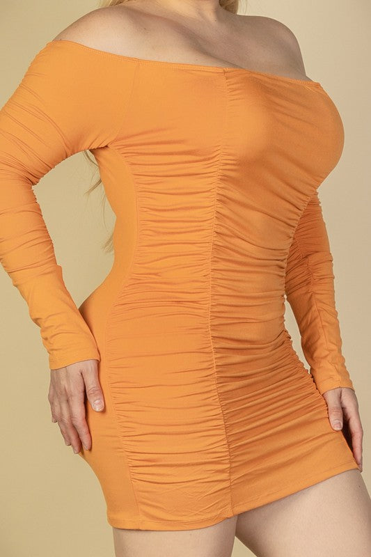 Plus Size Off Shoulder Ruched Long Sleeve Dress - TiffanyzKlozet