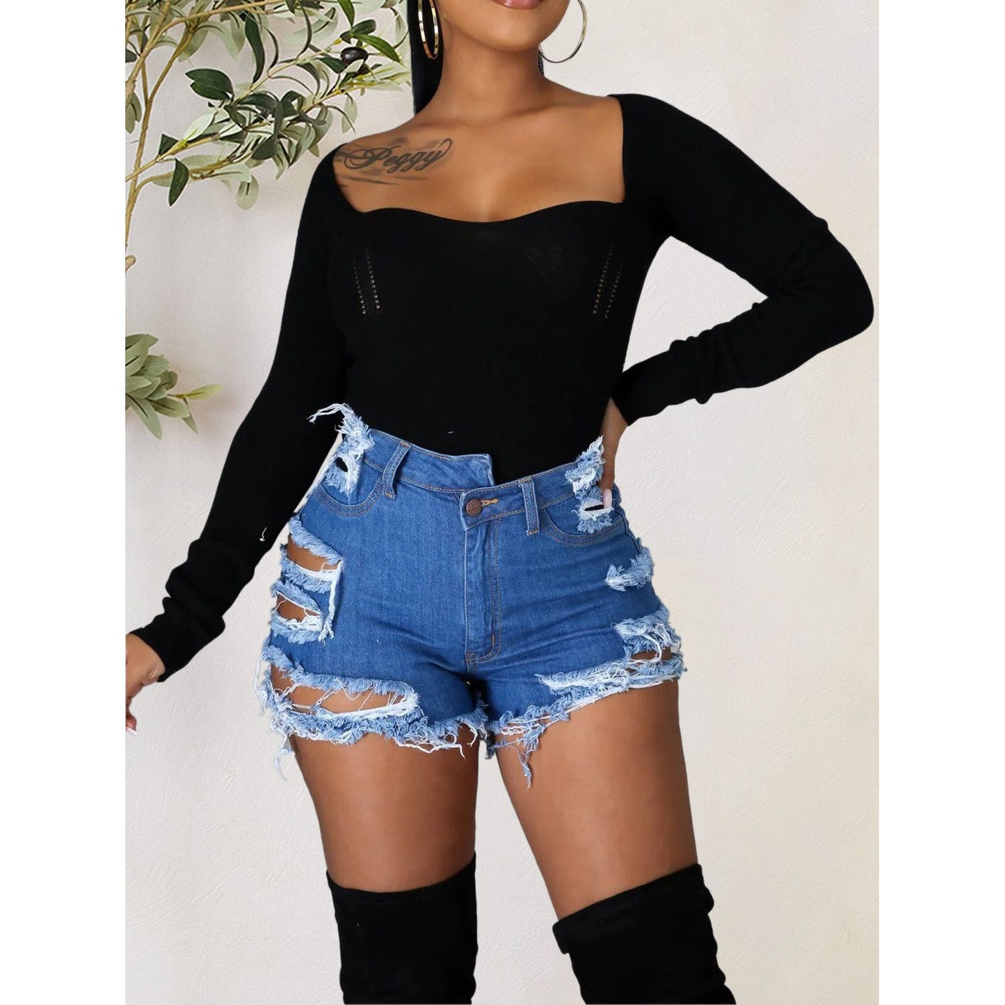 Distressed Raw Hem Denim Shorts with Pockets - TiffanyzKlozet