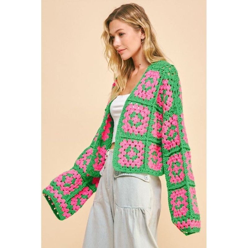 Davi & Dani Full Size Two Tone Flower Square Crochet Open Front Cardigan