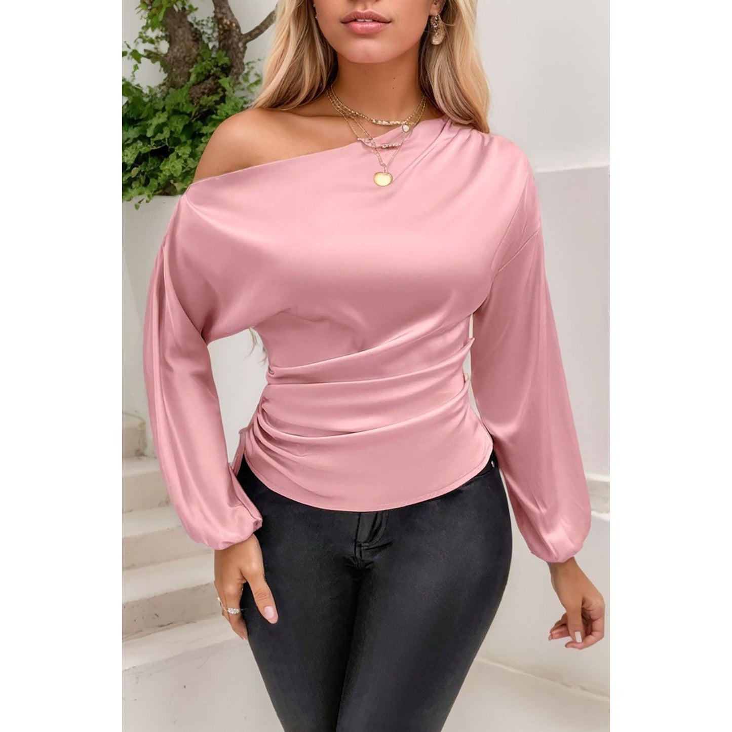 Drawstring One Shoulder Long Sleeve Blouse