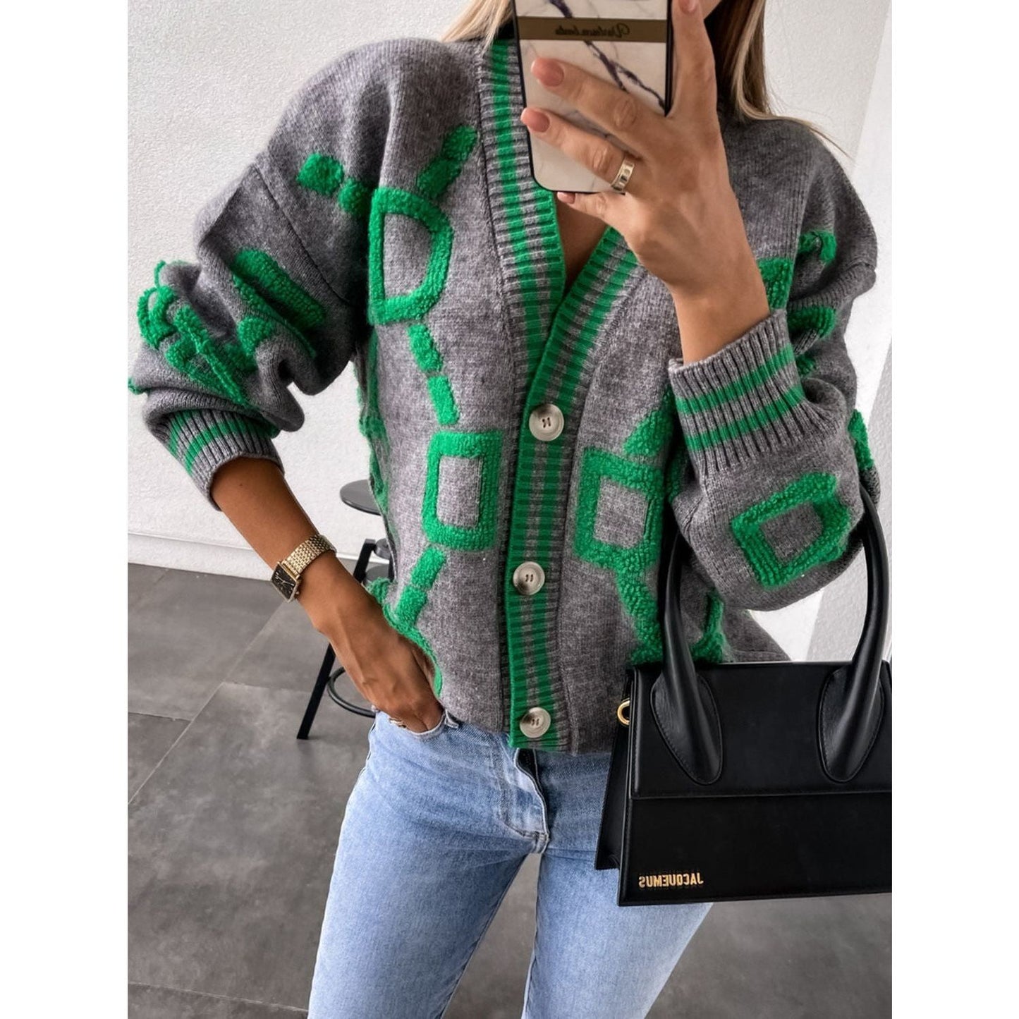 Geometric Dropped Shoulder Button Down Cardigan