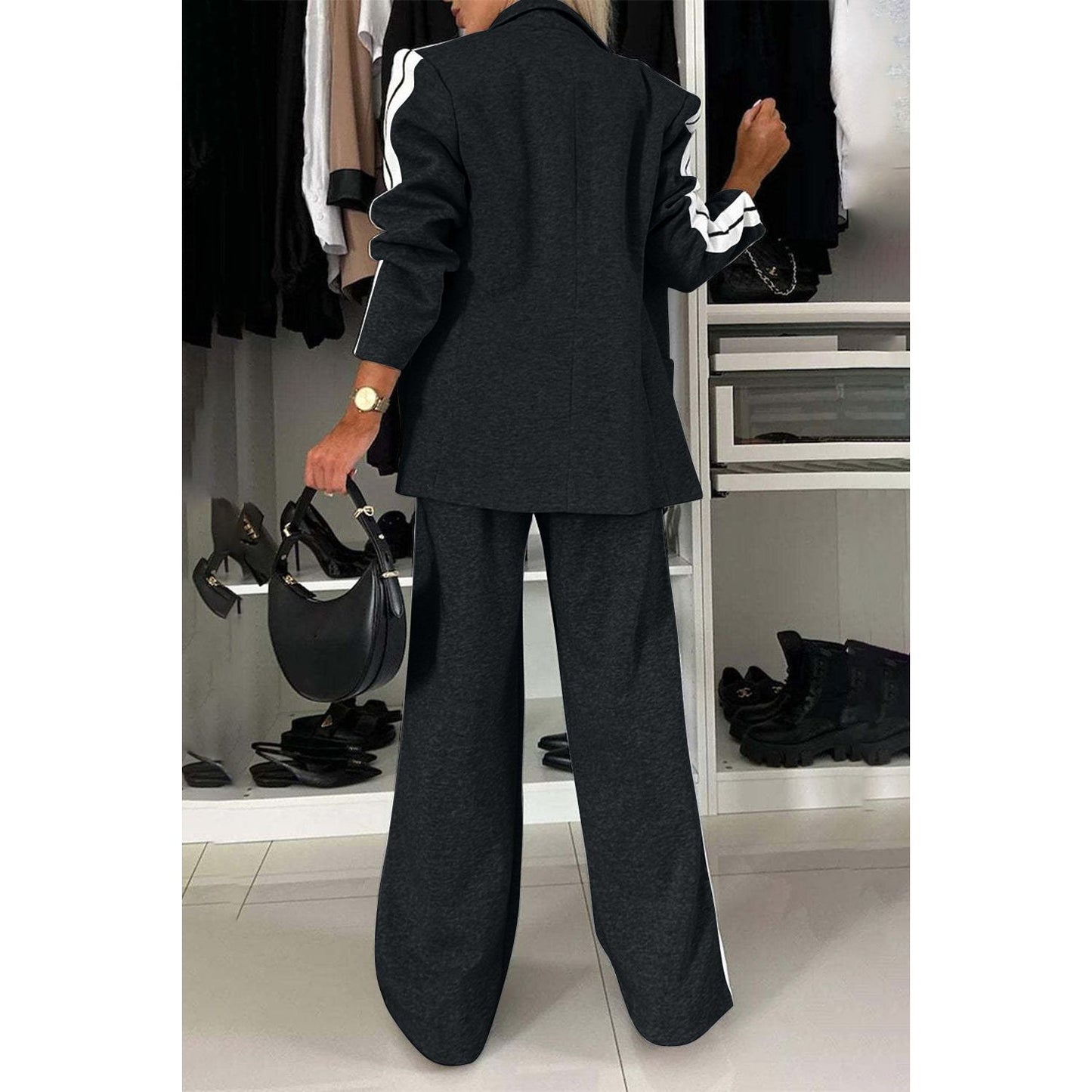 Full Size Contrast Lapel Collar Top and Pants Set