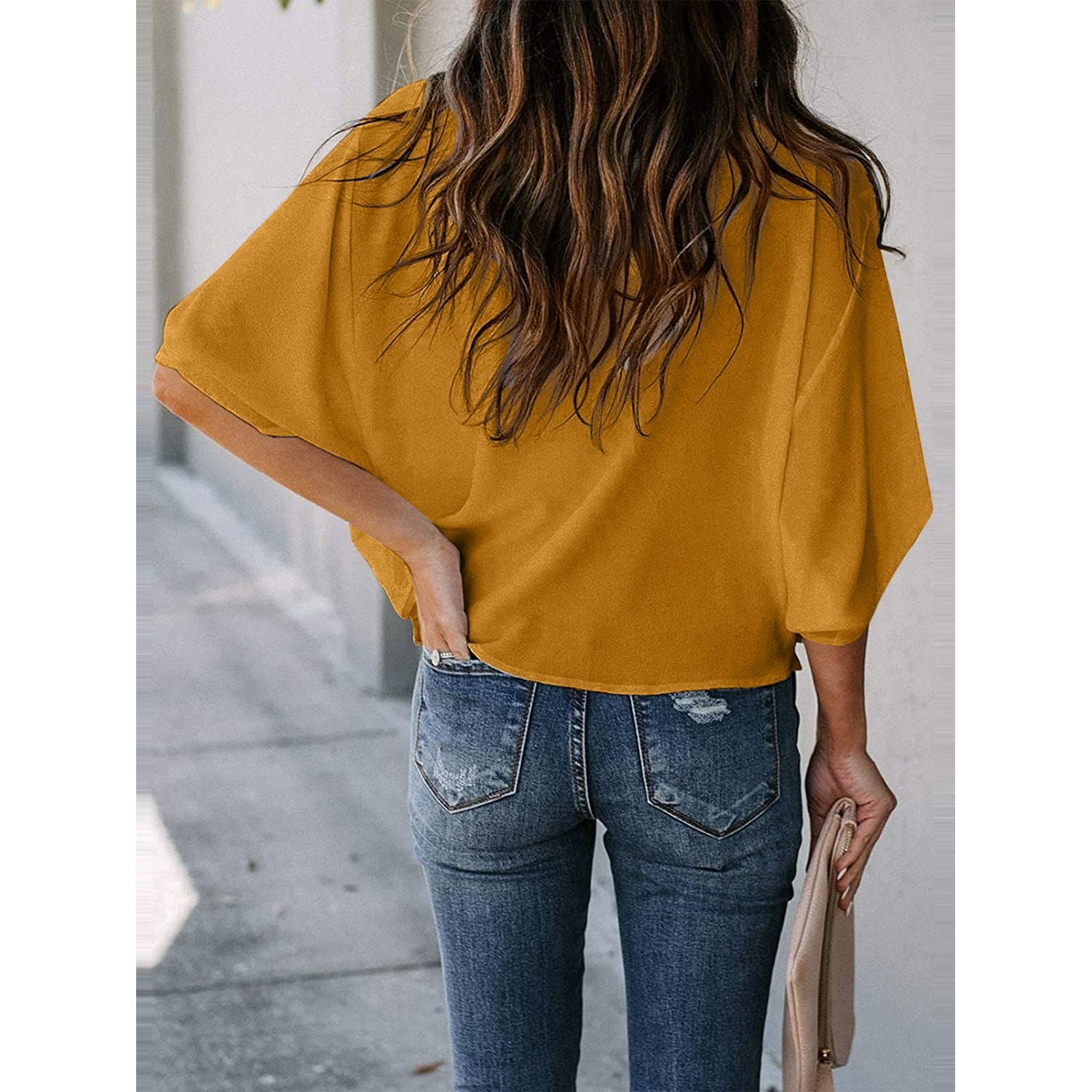 Full Size Cowl Neck Three-Quarter Sleeve Blouse - TiffanyzKlozet