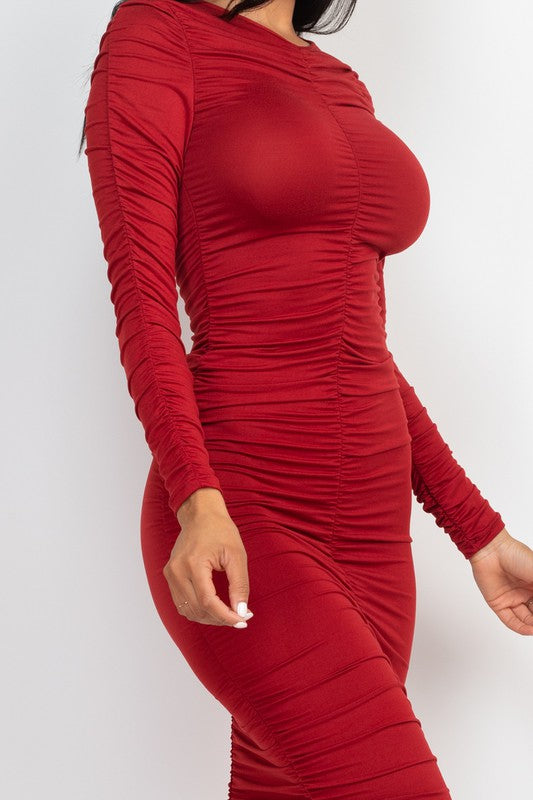 Ruched Long Sleeve Midi Dress - TiffanyzKlozet