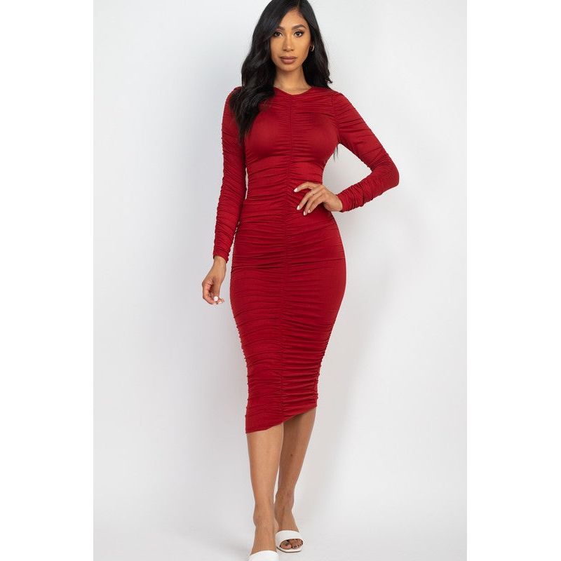 Ruched Long Sleeve Midi Dress