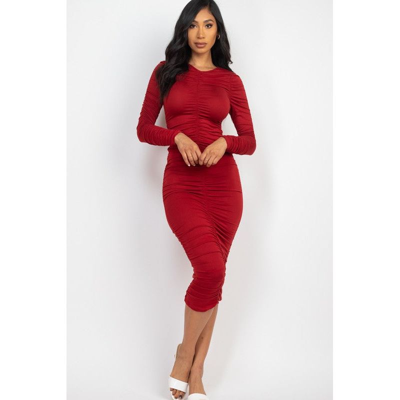 Ruched Long Sleeve Midi Dress