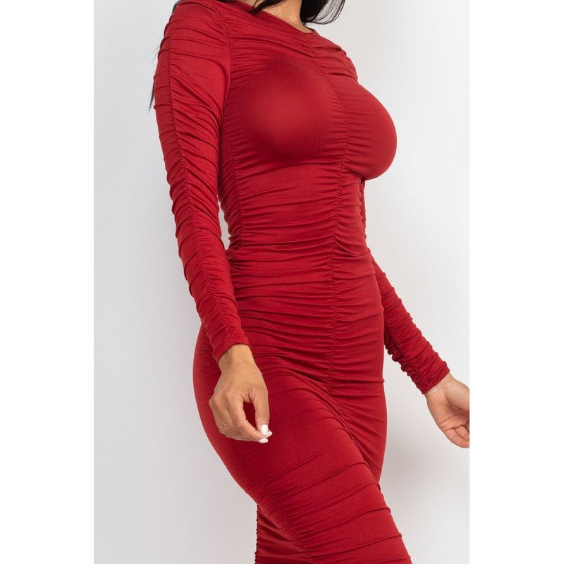 Ruched Long Sleeve Midi Dress