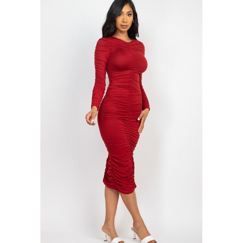 Ruched Long Sleeve Midi Dress