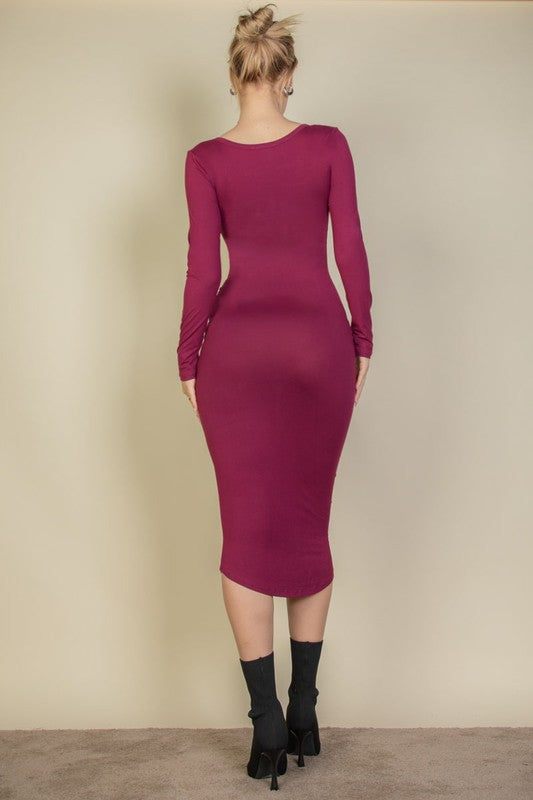 Split Neck Long Sleeve Midi Dress - TiffanyzKlozet