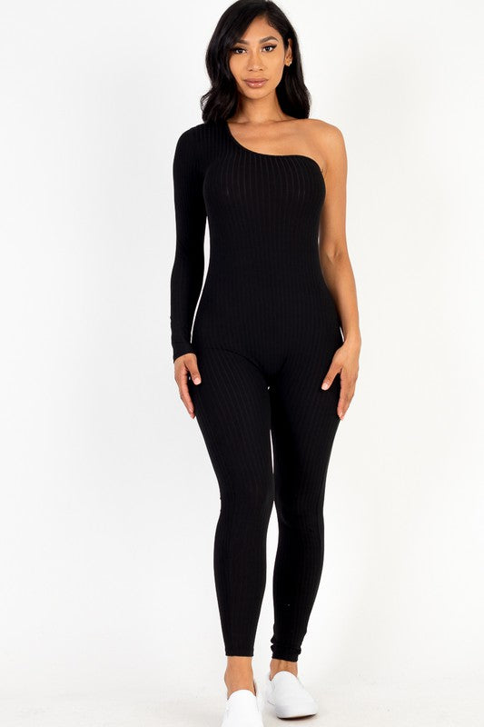 Ribbed Long Sleeve One Shoulder Jumpsuit - TiffanyzKlozet