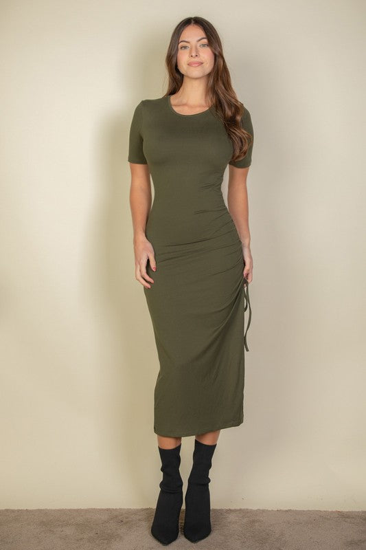 Drawstring Ruched Side Split Hem Midi Dress - TiffanyzKlozet