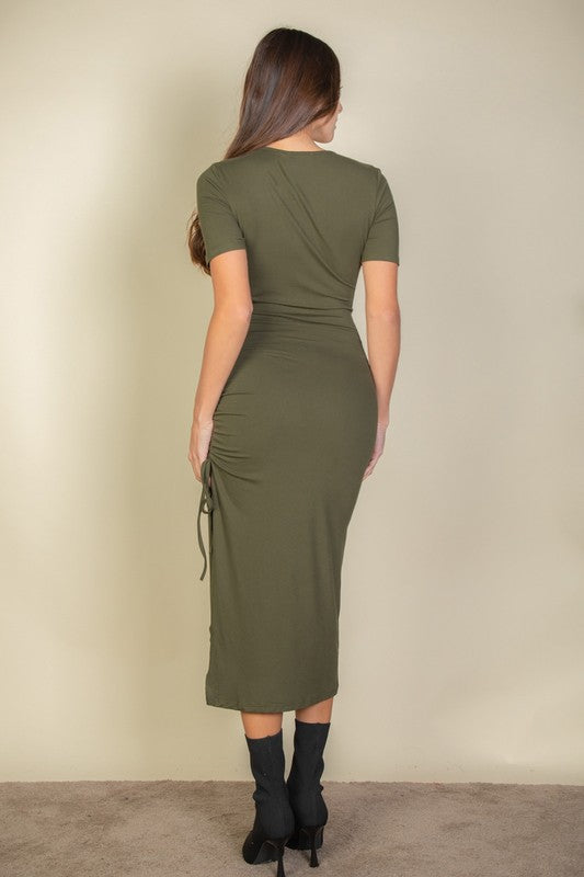 Drawstring Ruched Side Split Hem Midi Dress - TiffanyzKlozet