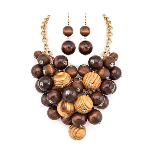 Wooden Beads Statement Necklace Set