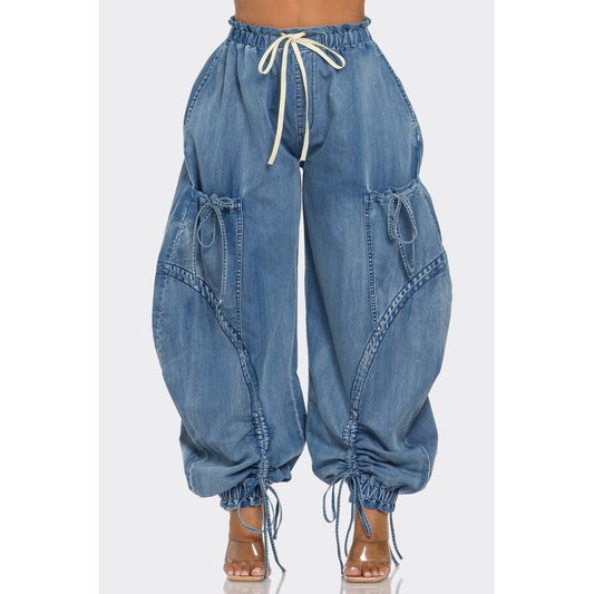 Urban Chic Drawstring Denim Cargo Pants